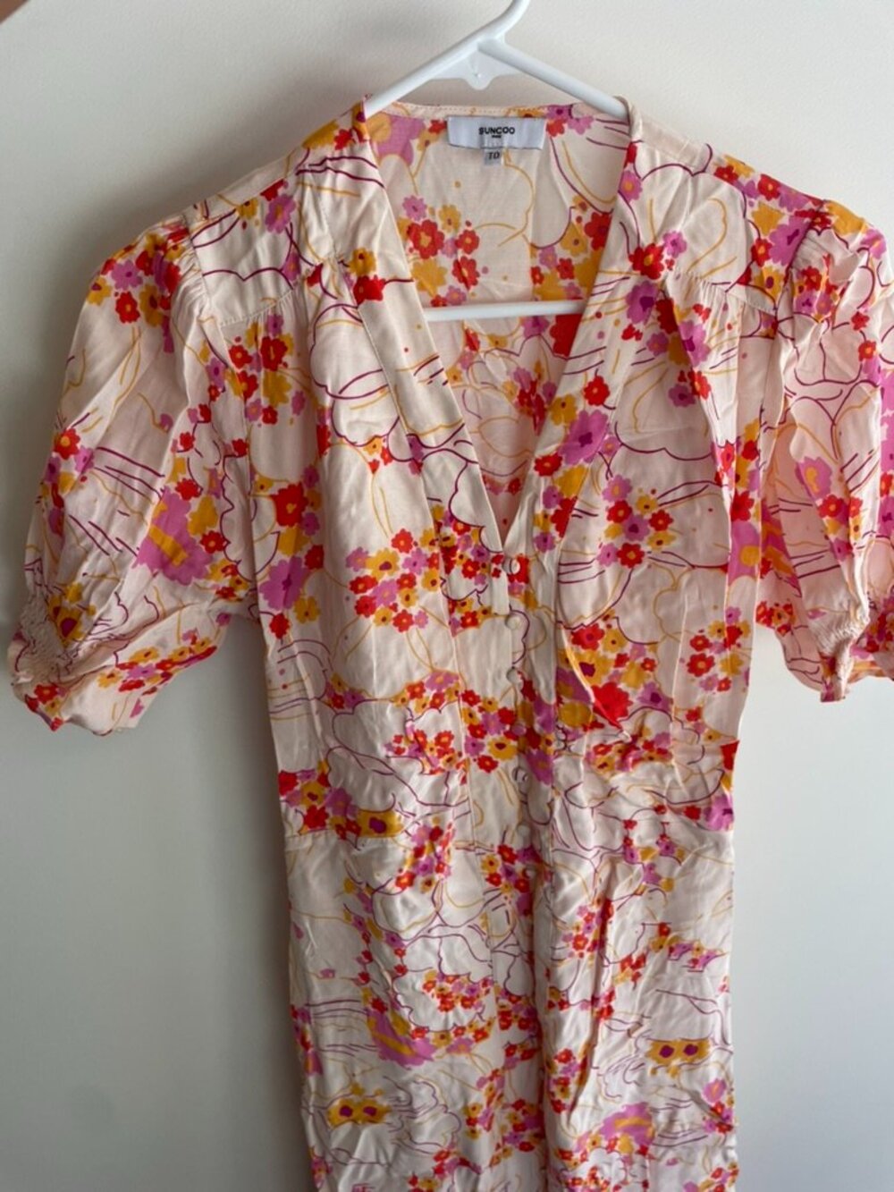 Suncoo Paris Clay Dress Blush Pink Floral V Neck Midi Dress